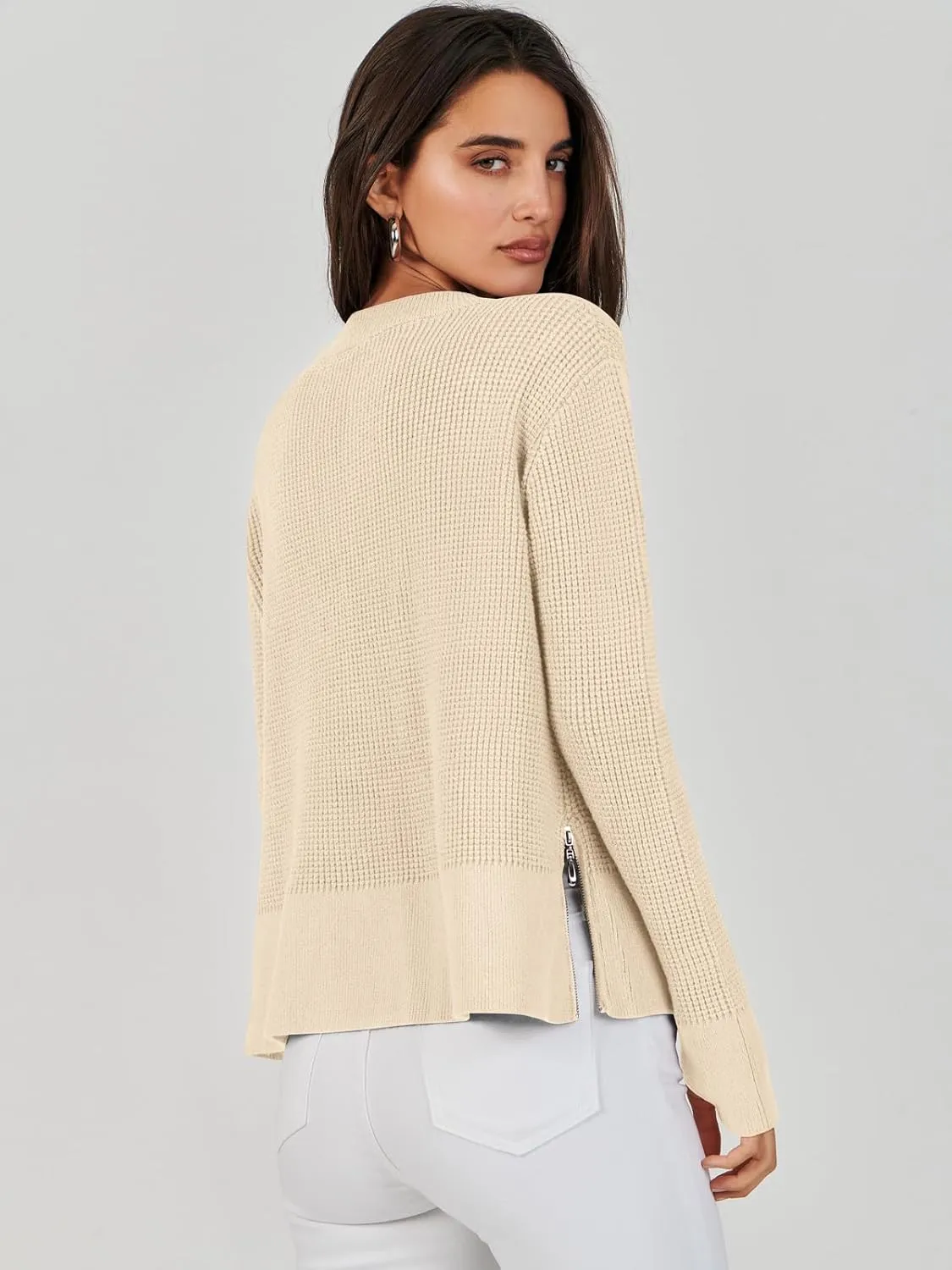 ANRABESS Womens Crewneck Long Sleeve Waffle Knit Casual Side Zipper Pullover Sweaters Top Thumbhole 2025 Fall Outfits