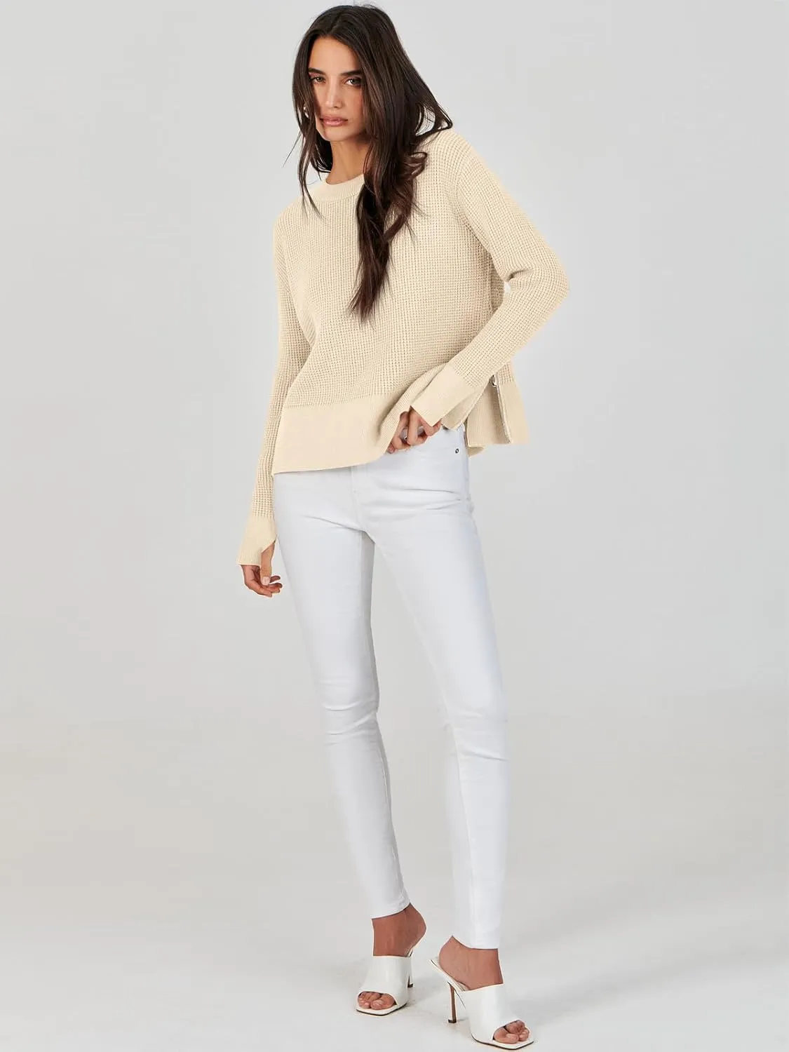 ANRABESS Womens Crewneck Long Sleeve Waffle Knit Casual Side Zipper Pullover Sweaters Top Thumbhole 2025 Fall Outfits