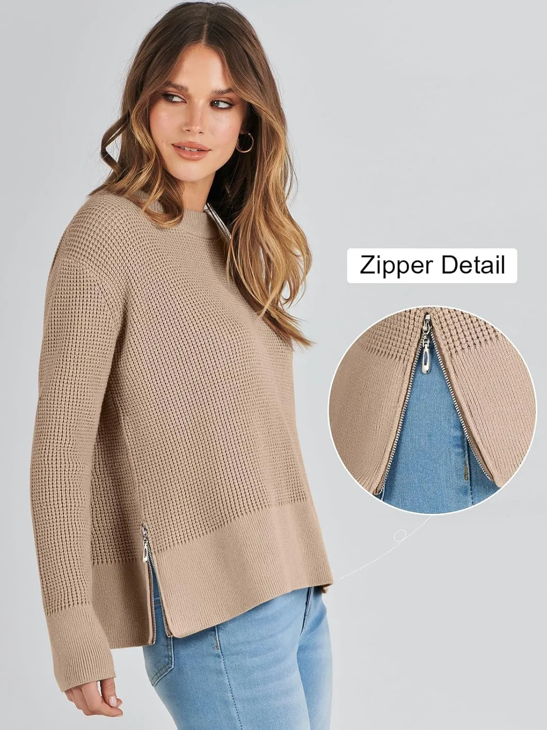 ANRABESS Womens Crewneck Long Sleeve Waffle Knit Casual Side Zipper Pullover Sweaters Top Thumbhole 2025 Fall Outfits