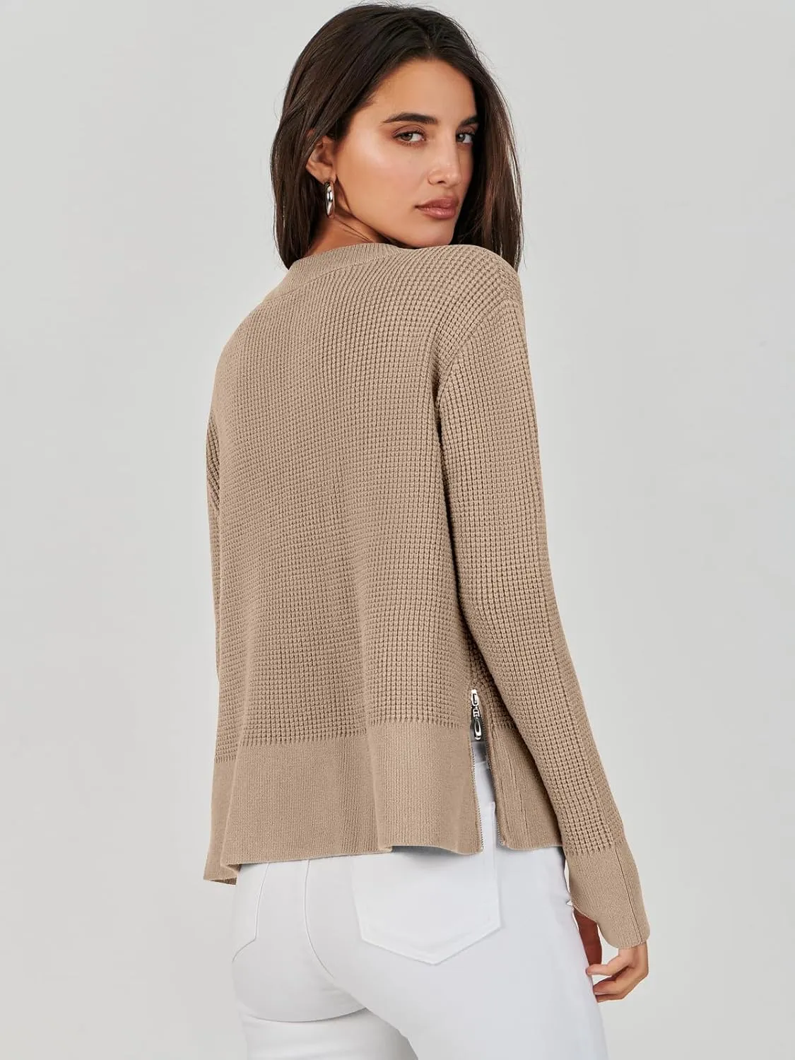ANRABESS Womens Crewneck Long Sleeve Waffle Knit Casual Side Zipper Pullover Sweaters Top Thumbhole 2025 Fall Outfits
