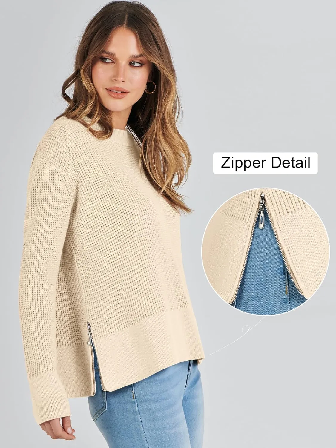 ANRABESS Womens Crewneck Long Sleeve Waffle Knit Casual Side Zipper Pullover Sweaters Top Thumbhole 2025 Fall Outfits