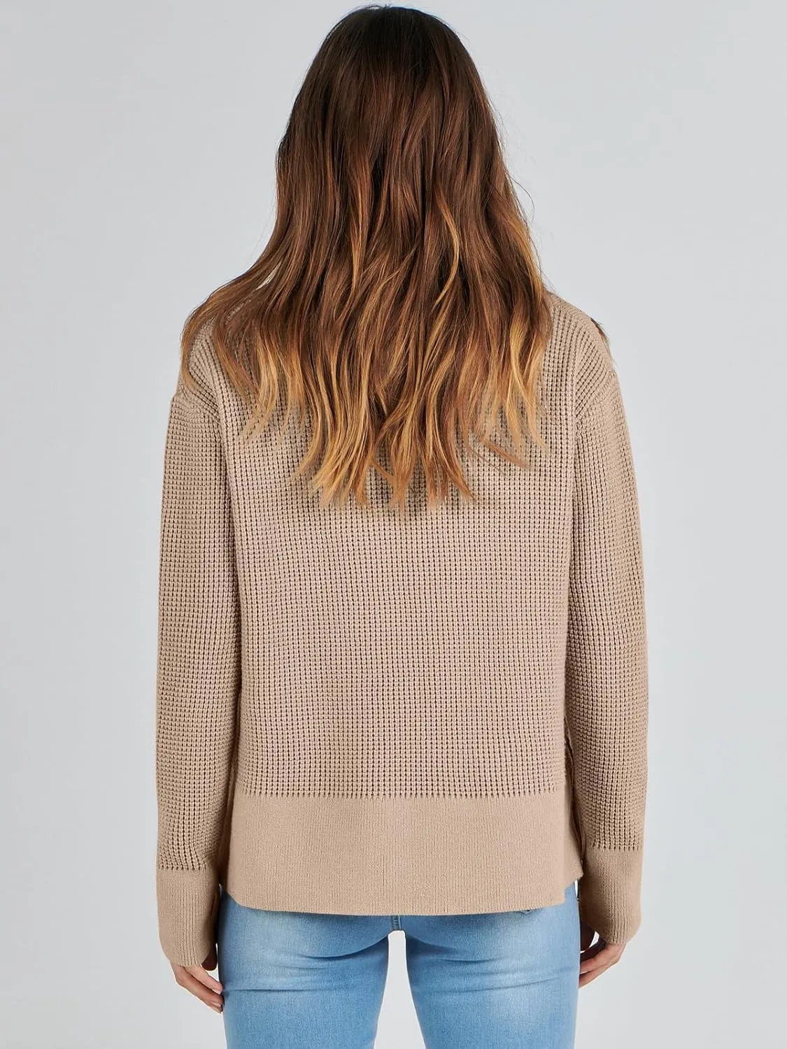 ANRABESS Womens Crewneck Long Sleeve Waffle Knit Casual Side Zipper Pullover Sweaters Top Thumbhole 2025 Fall Outfits