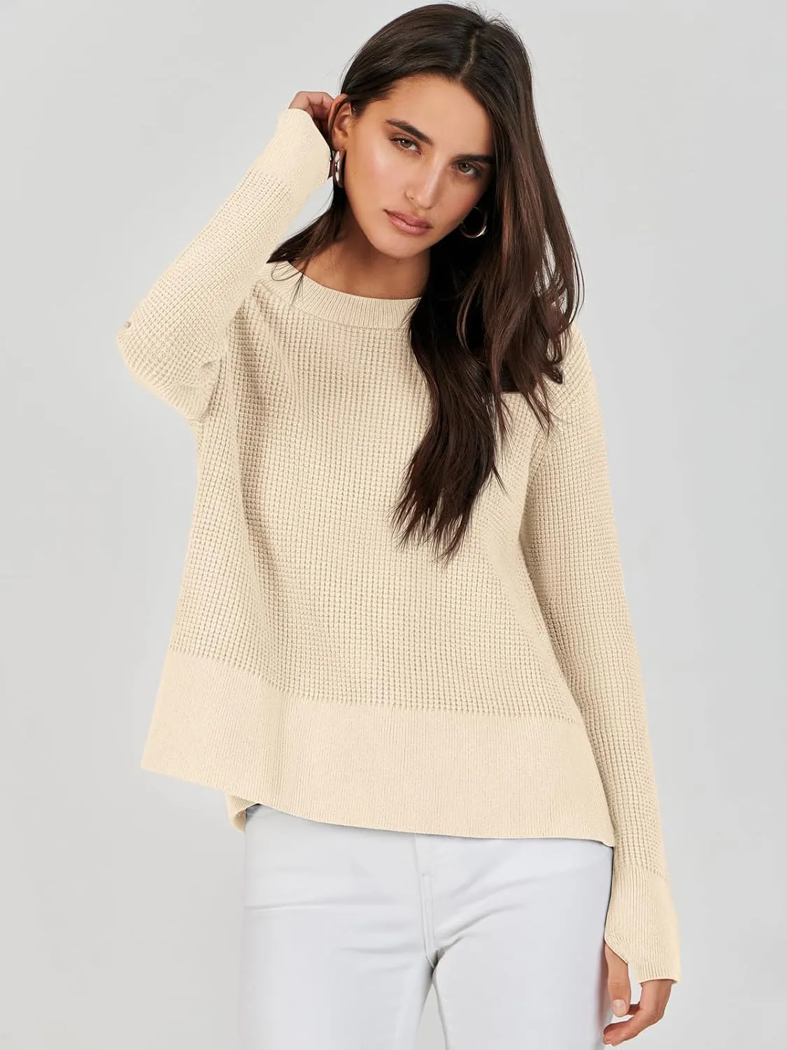 ANRABESS Womens Crewneck Long Sleeve Waffle Knit Casual Side Zipper Pullover Sweaters Top Thumbhole 2025 Fall Outfits