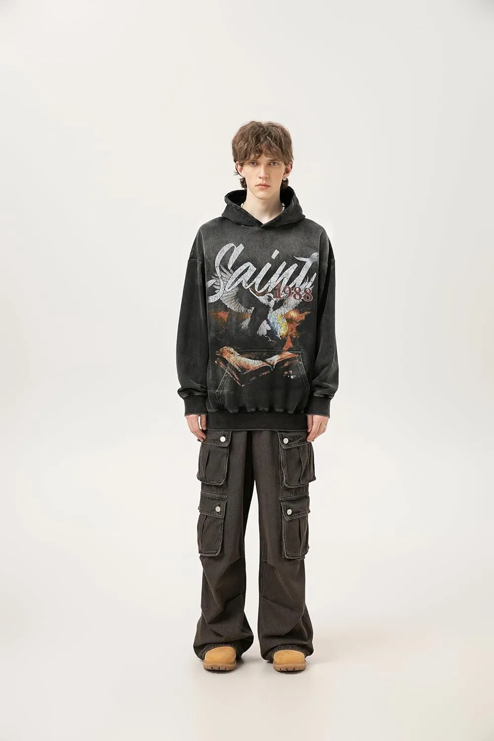 Arnodefrance Men Vintage Washed Graphic Hoodies Printing Graffiti Hoodie Cotton Warm Pullover Coat Outerwear