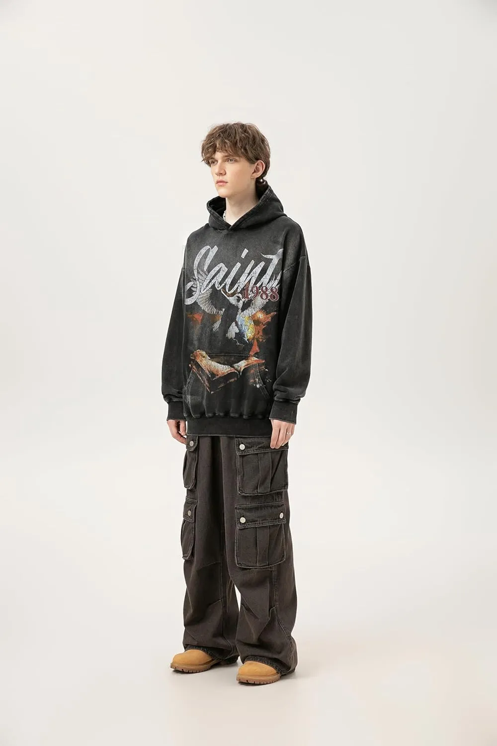 Arnodefrance Men Vintage Washed Graphic Hoodies Printing Graffiti Hoodie Cotton Warm Pullover Coat Outerwear