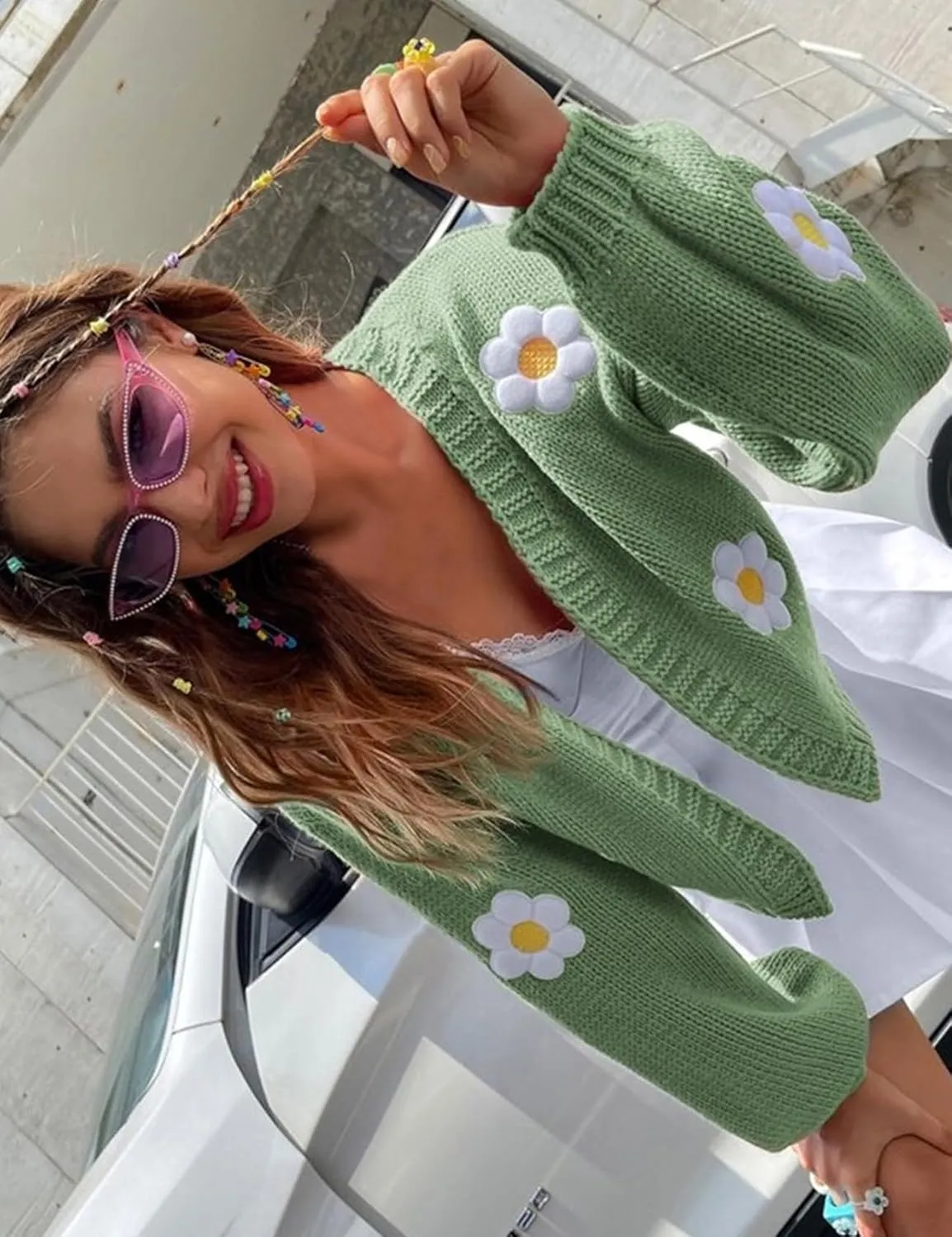 Arssm Y2K Womens Flower Cardigan Sweater Long Sleeve Knit Cropped Cardigan Open Front Cute Shrug Fall Sweater 90s Outfits