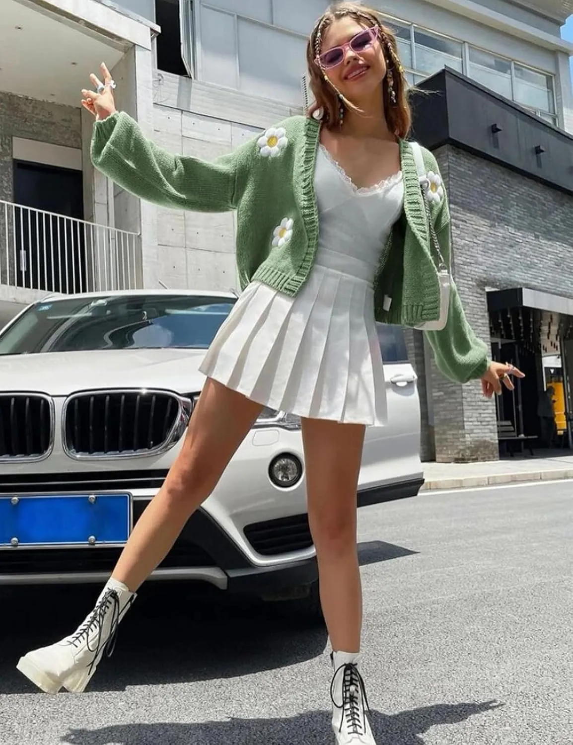 Arssm Y2K Womens Flower Cardigan Sweater Long Sleeve Knit Cropped Cardigan Open Front Cute Shrug Fall Sweater 90s Outfits