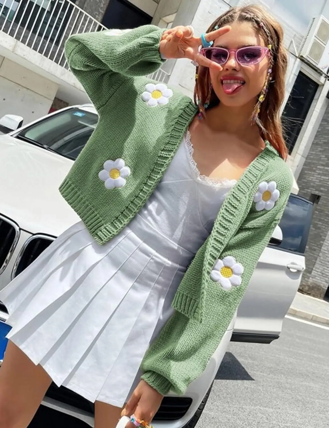 Arssm Y2K Womens Flower Cardigan Sweater Long Sleeve Knit Cropped Cardigan Open Front Cute Shrug Fall Sweater 90s Outfits