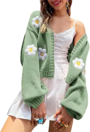 Arssm Y2K Womens Flower Cardigan Sweater Long Sleeve Knit Cropped Cardigan Open Front Cute Shrug Fall Sweater 90s Outfits