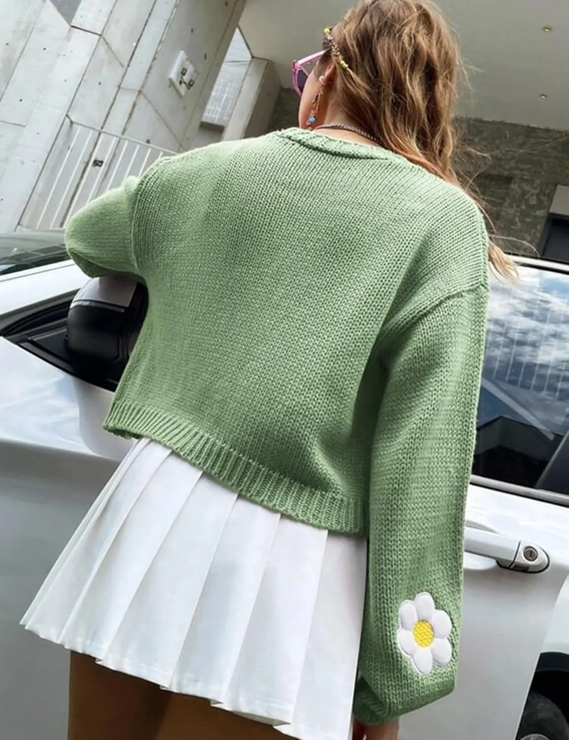 Arssm Y2K Womens Flower Cardigan Sweater Long Sleeve Knit Cropped Cardigan Open Front Cute Shrug Fall Sweater 90s Outfits