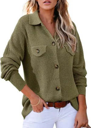 Astylish Women Waffle Knit Shacket Jacket Casual Long Sleeve Sweater Button Down Shirts Dressy Blouse Tops
