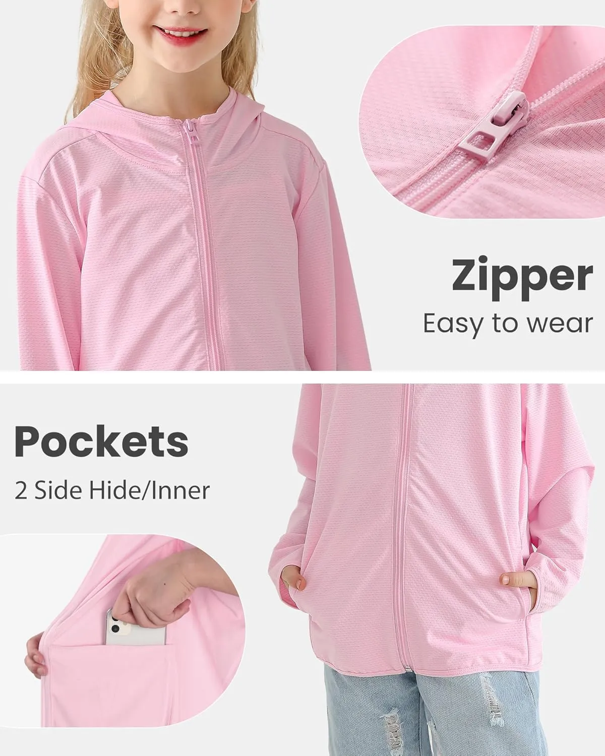 Auranso Kids Zip-Up Hoodie Girls Boys UPF50  Sun Protection Jacket Hooded Cooling Shirt