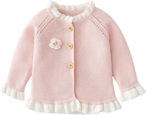 Baby Girls Knitted Cardigan Sweater Crewneck Knit Crochet Button Closure Cardigan Tops Coat Outwear for Toddler