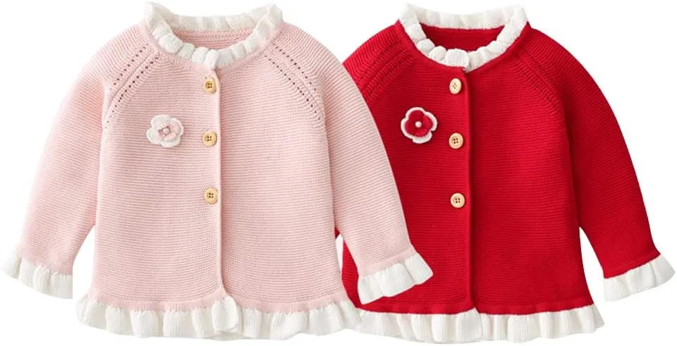 Baby Girls Knitted Cardigan Sweater Crewneck Knit Crochet Button Closure Cardigan Tops Coat Outwear for Toddler
