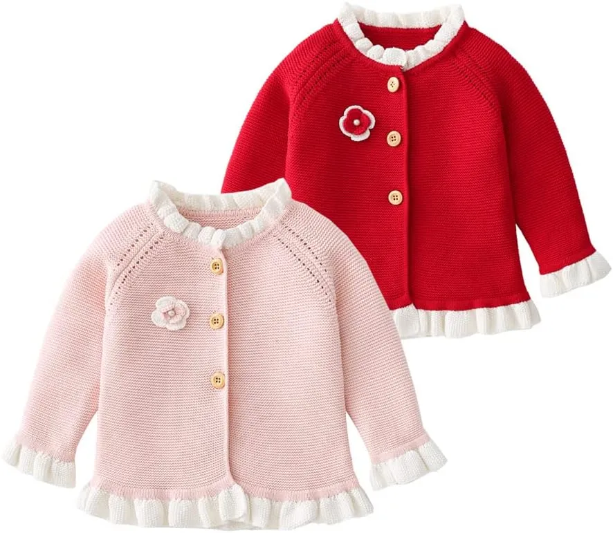 Baby Girls Knitted Cardigan Sweater Crewneck Knit Crochet Button Closure Cardigan Tops Coat Outwear for Toddler