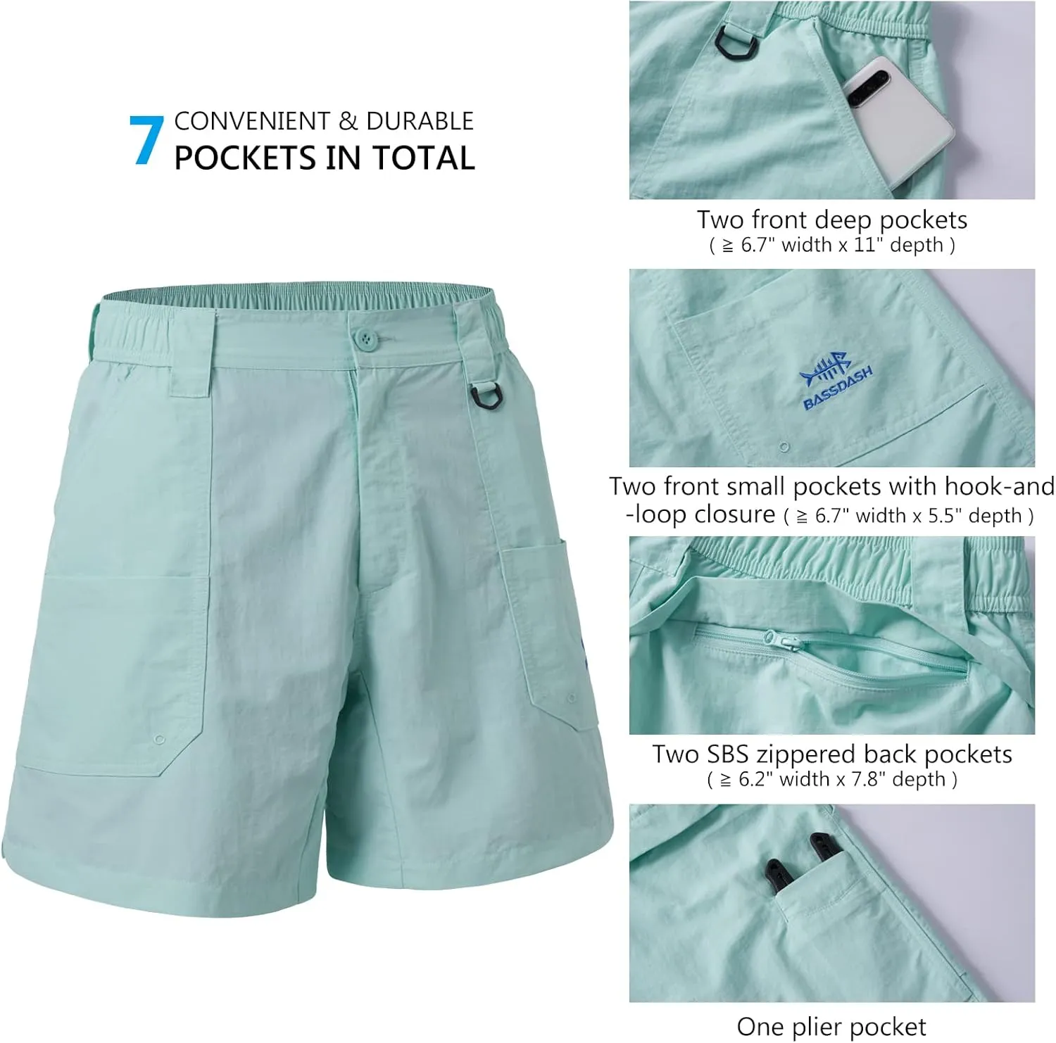 BASSDASH Men's 6" Fishing Shorts UPF 50  Water Resistant Quick Dry Hiking Cargo Shorts with Multi Pocket