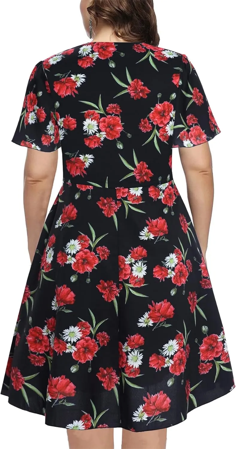 BEDOAR Summer Dress for Womens V-Neck Short Sleeve Elastic Waist Casual Midi Dress Irregular Hem Holiday Party Dresses
