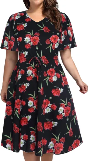 BEDOAR Summer Dress for Womens V-Neck Short Sleeve Elastic Waist Casual Midi Dress Irregular Hem Holiday Party Dresses
