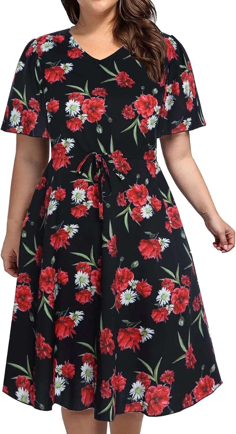 BEDOAR Summer Dress for Womens V-Neck Short Sleeve Elastic Waist Casual Midi Dress Irregular Hem Holiday Party Dresses