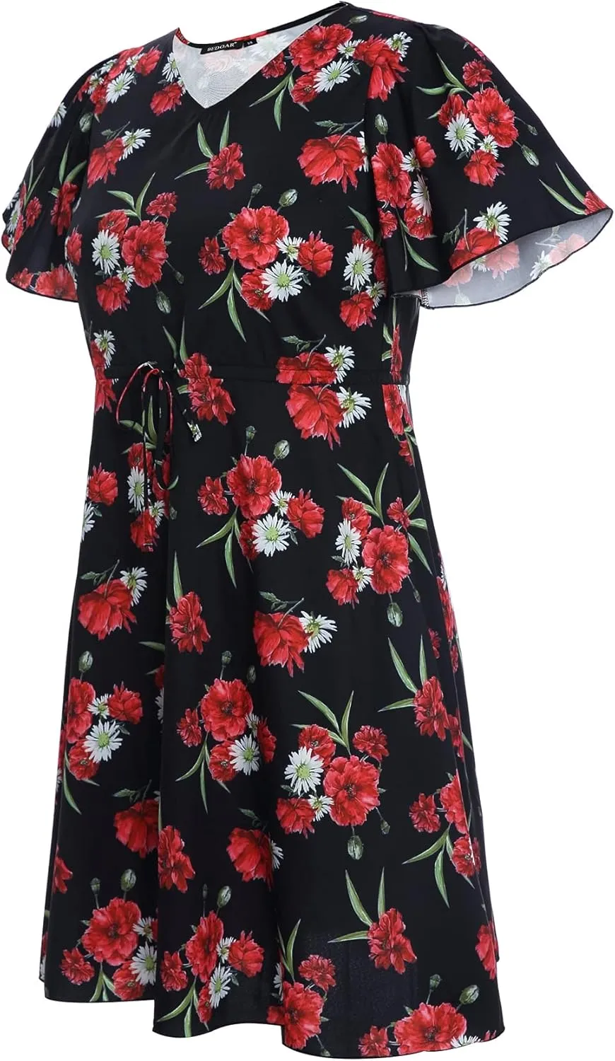BEDOAR Summer Dress for Womens V-Neck Short Sleeve Elastic Waist Casual Midi Dress Irregular Hem Holiday Party Dresses
