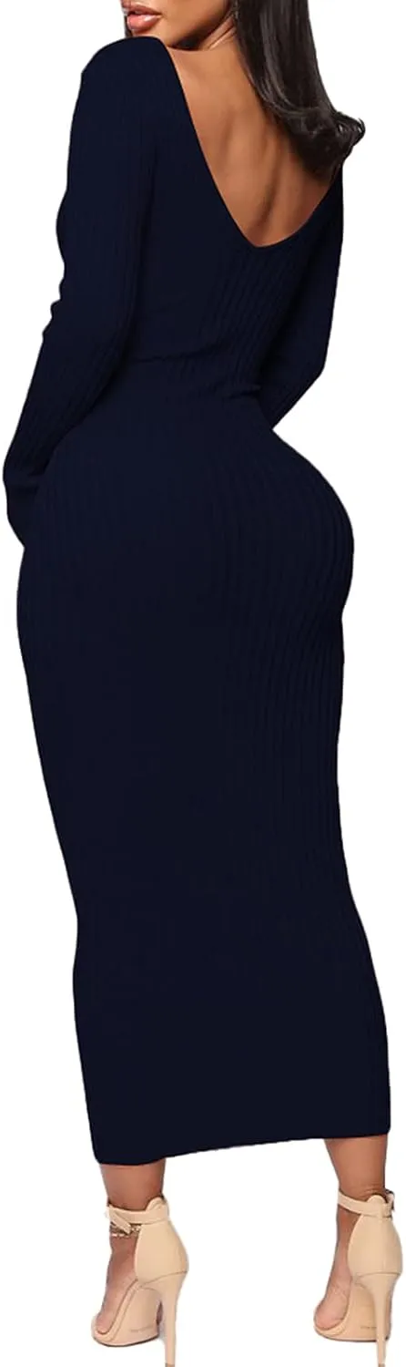 BestGirl Women's Sexy Ribbed Sweater Dresses Bodycon V Neck Off Shoulder Long Sleeve Lightweight Knit Midi Dress