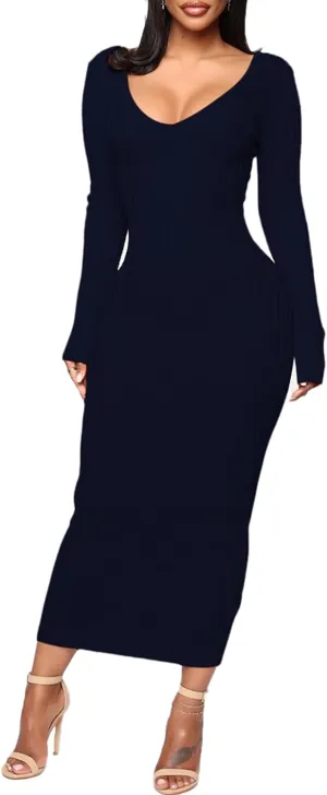 BestGirl Women's Sexy Ribbed Sweater Dresses Bodycon V Neck Off Shoulder Long Sleeve Lightweight Knit Midi Dress