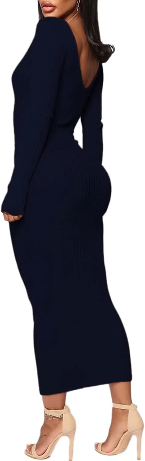 BestGirl Women's Sexy Ribbed Sweater Dresses Bodycon V Neck Off Shoulder Long Sleeve Lightweight Knit Midi Dress