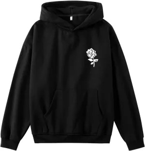 Bobeutou Oversized Graphic Hoodies for Men Rose Print Hoodie Vintage Fleece Hooded Sweatshirt Trendy Pocket Pullover Top