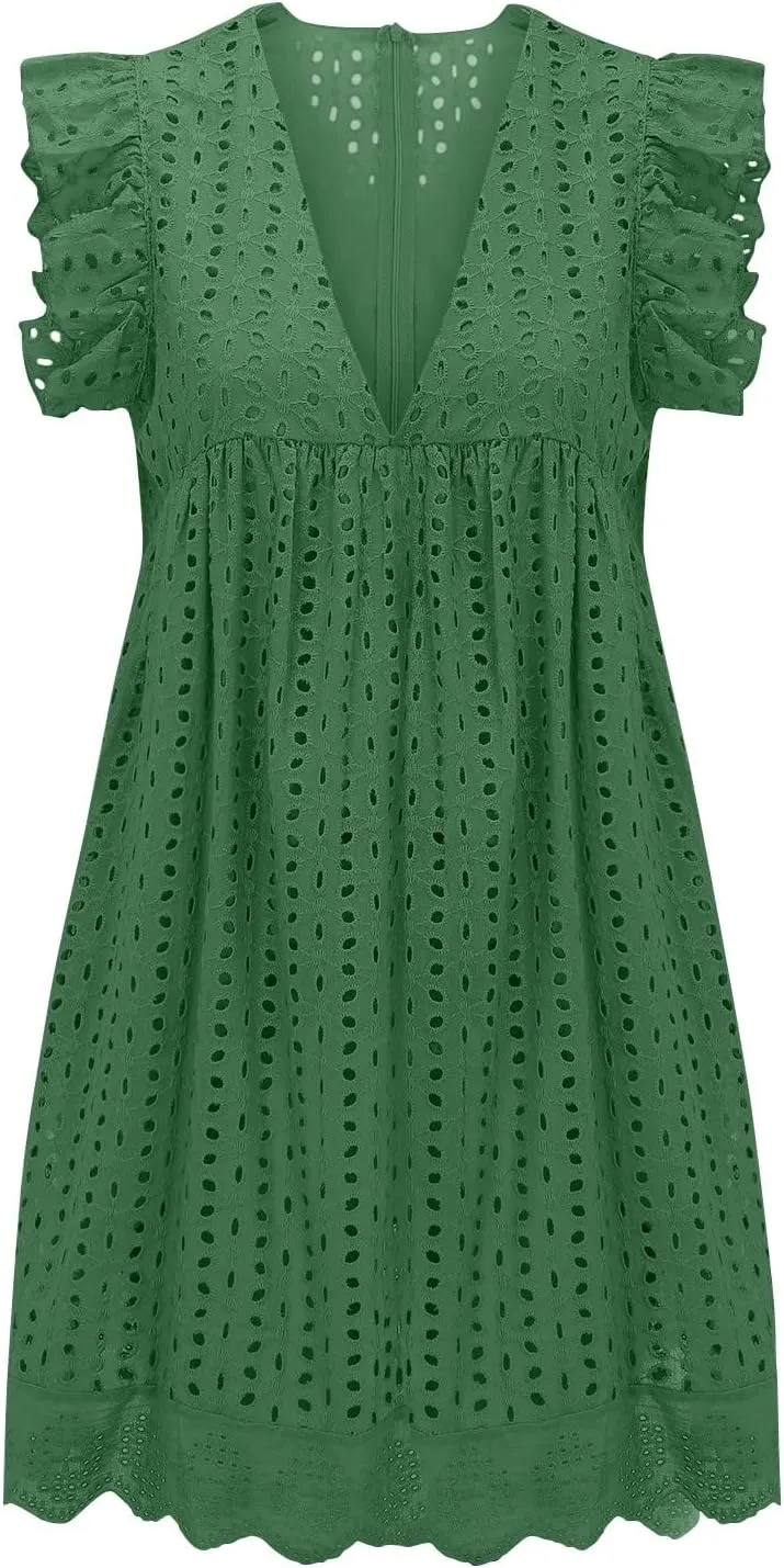 Boho Dresses for Women 2024 V Neck Sleeveless Sun Dress Hollow Out Ruffle Hem Mini Dress Vacation Summer Dresses