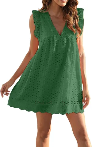 Boho Dresses for Women 2024 V Neck Sleeveless Sun Dress Hollow Out Ruffle Hem Mini Dress Vacation Summer Dresses
