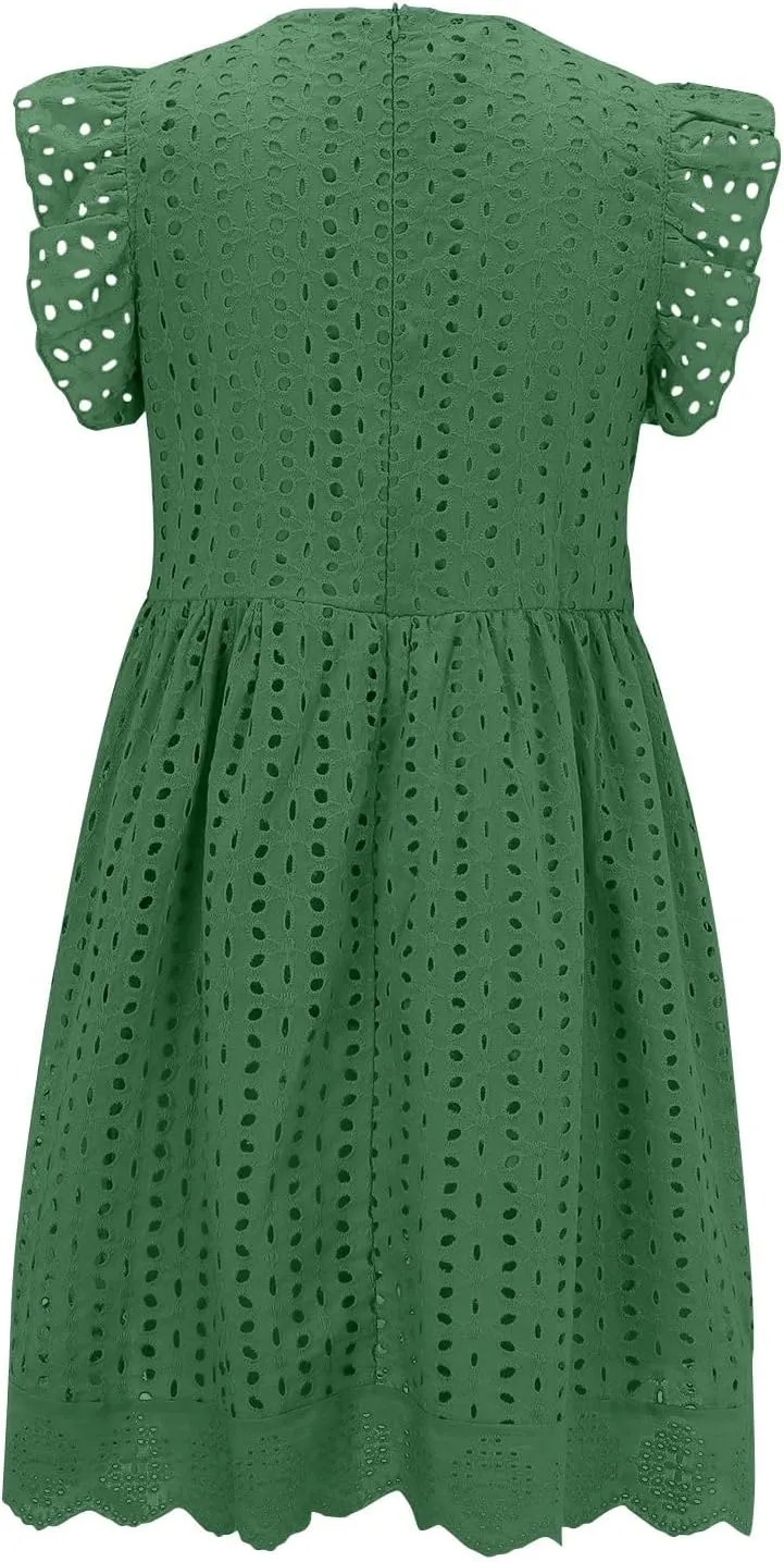Boho Dresses for Women 2024 V Neck Sleeveless Sun Dress Hollow Out Ruffle Hem Mini Dress Vacation Summer Dresses