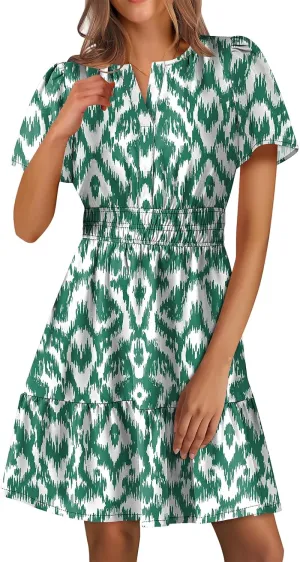 Boho Dresses for Women Summer Casual Short Sleeve V Neck A Line Mini Dress Smocked Tiered Beach Sundress