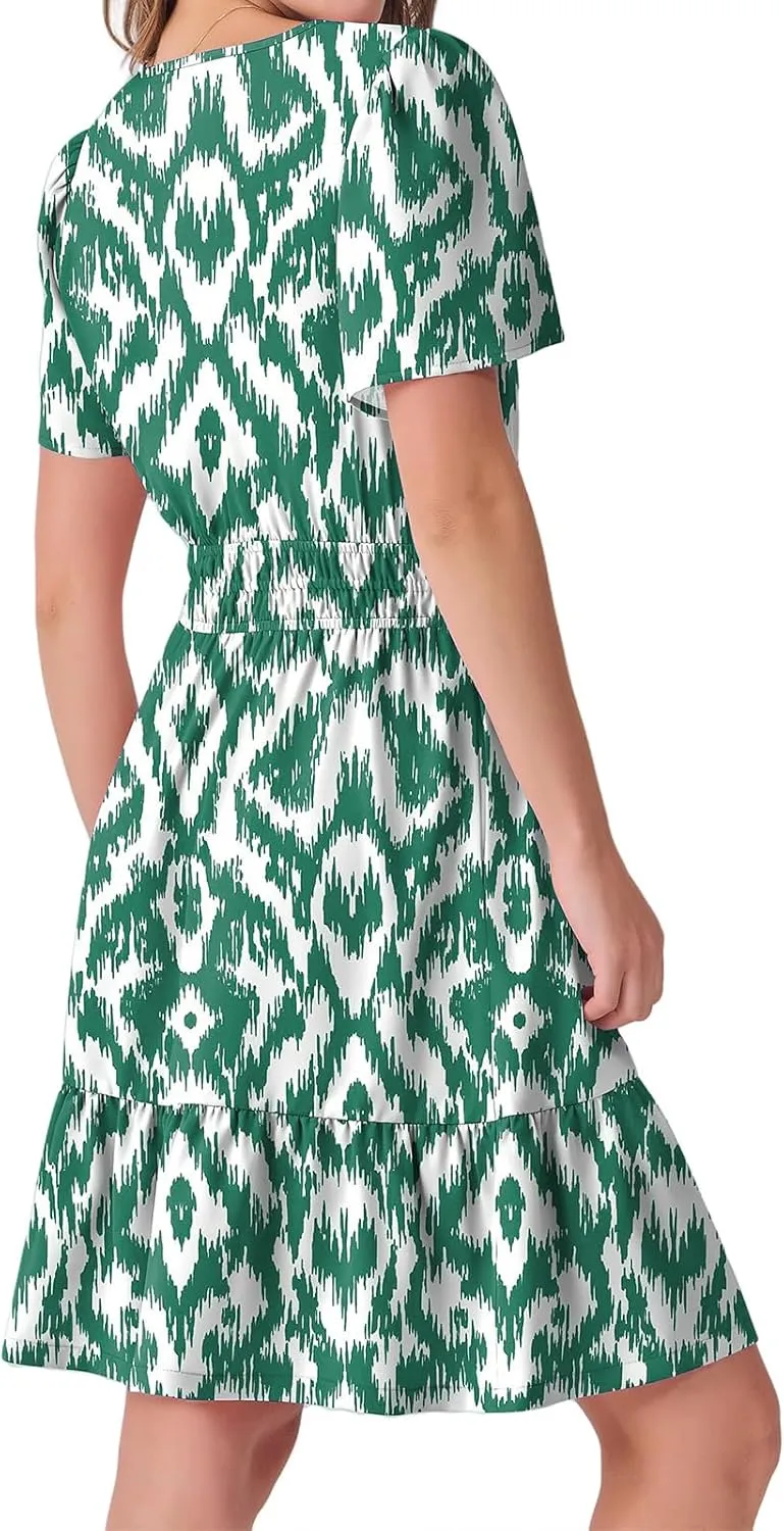 Boho Dresses for Women Summer Casual Short Sleeve V Neck A Line Mini Dress Smocked Tiered Beach Sundress