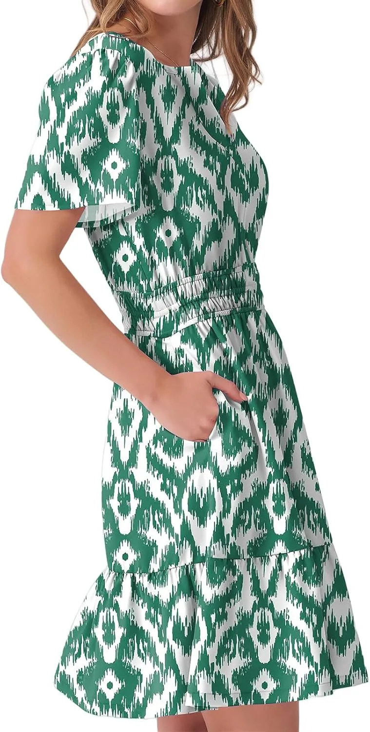Boho Dresses for Women Summer Casual Short Sleeve V Neck A Line Mini Dress Smocked Tiered Beach Sundress
