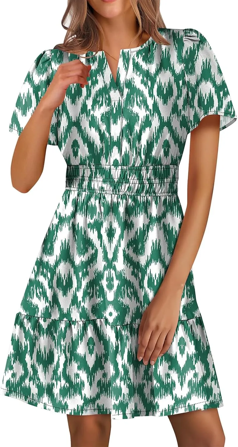 Boho Dresses for Women Summer Casual Short Sleeve V Neck A Line Mini Dress Smocked Tiered Beach Sundress