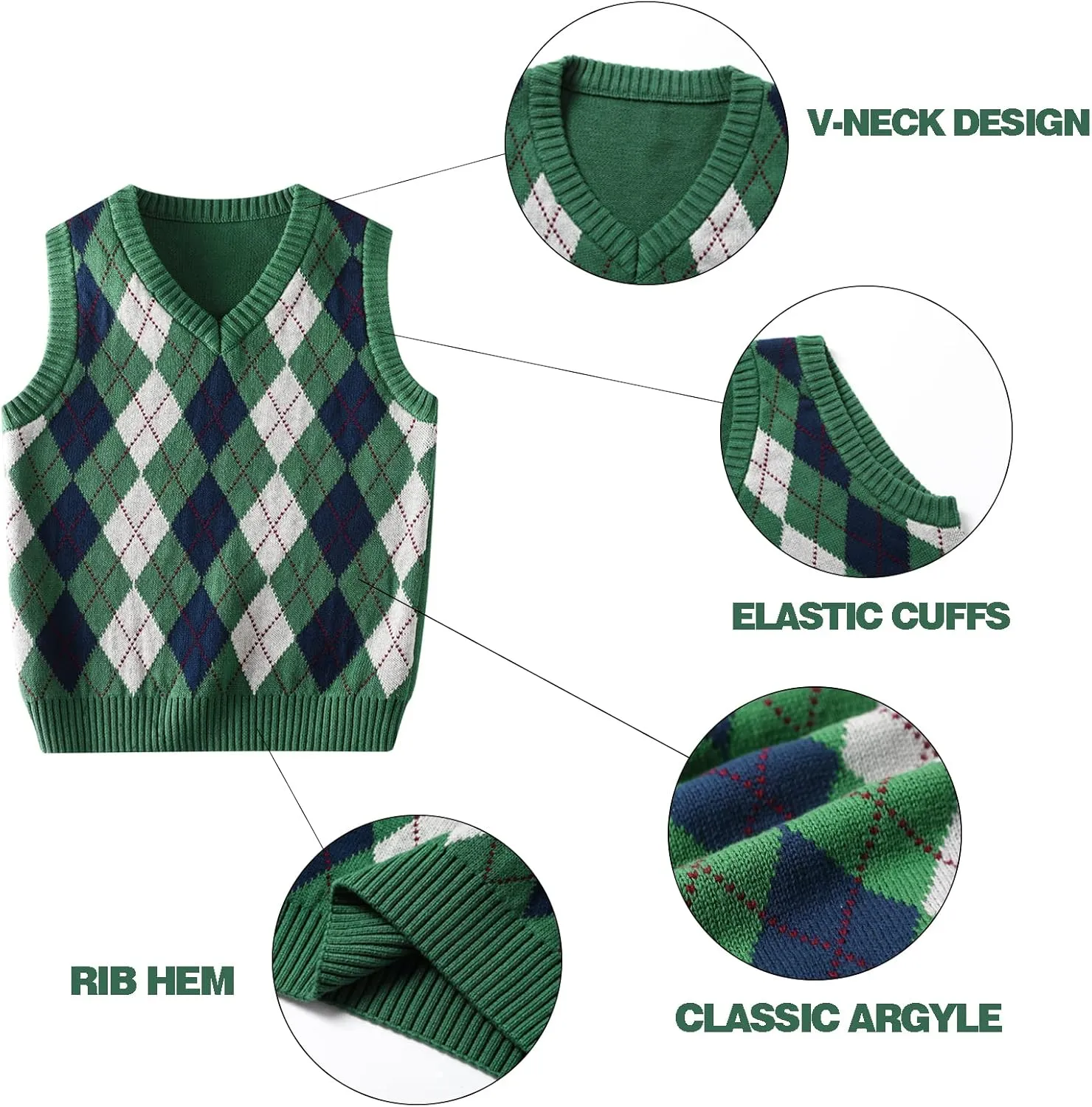 Boys Sweater Vest V Neck Argyle Sleeveless Uniform Knit Plaid Kids Clothes