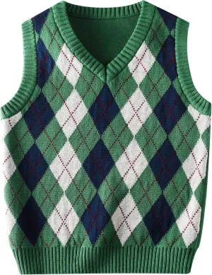 Boys Sweater Vest V Neck Argyle Sleeveless Uniform Knit Plaid Kids Clothes