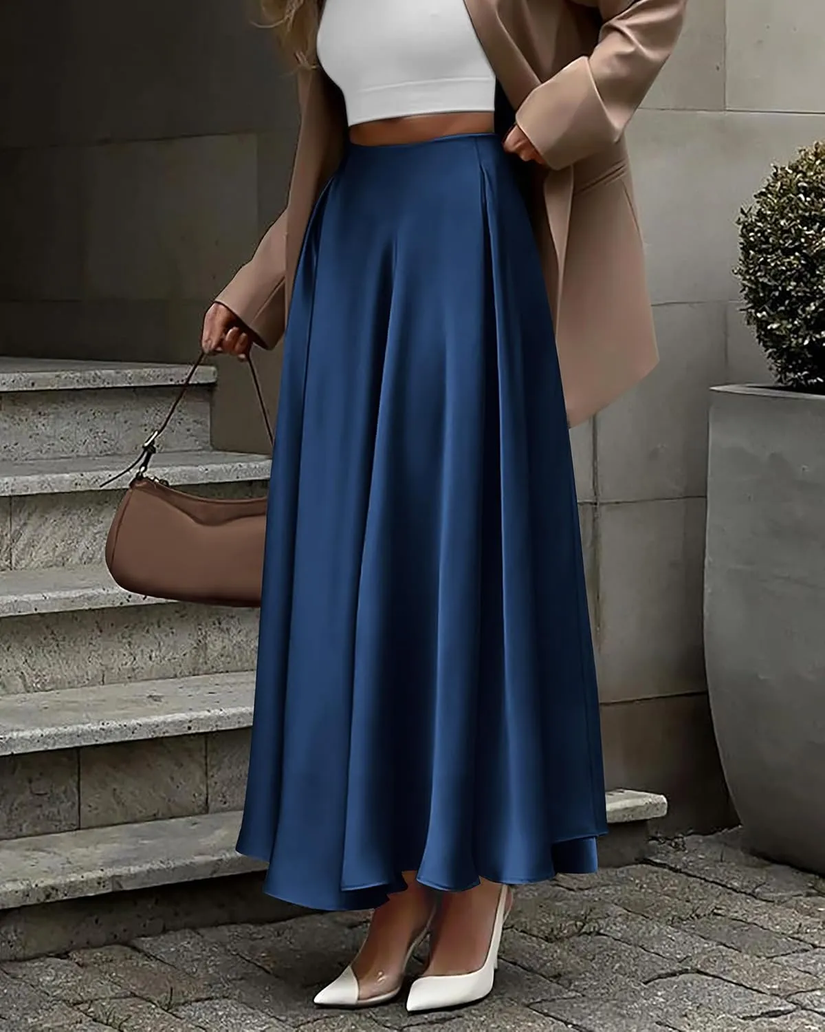 BTFBM Womens High Waist Satin Skirts Summer Spring Outfits 2025 Elegant Flowy A-Line Party Cocktail Long Maxi Skirt
