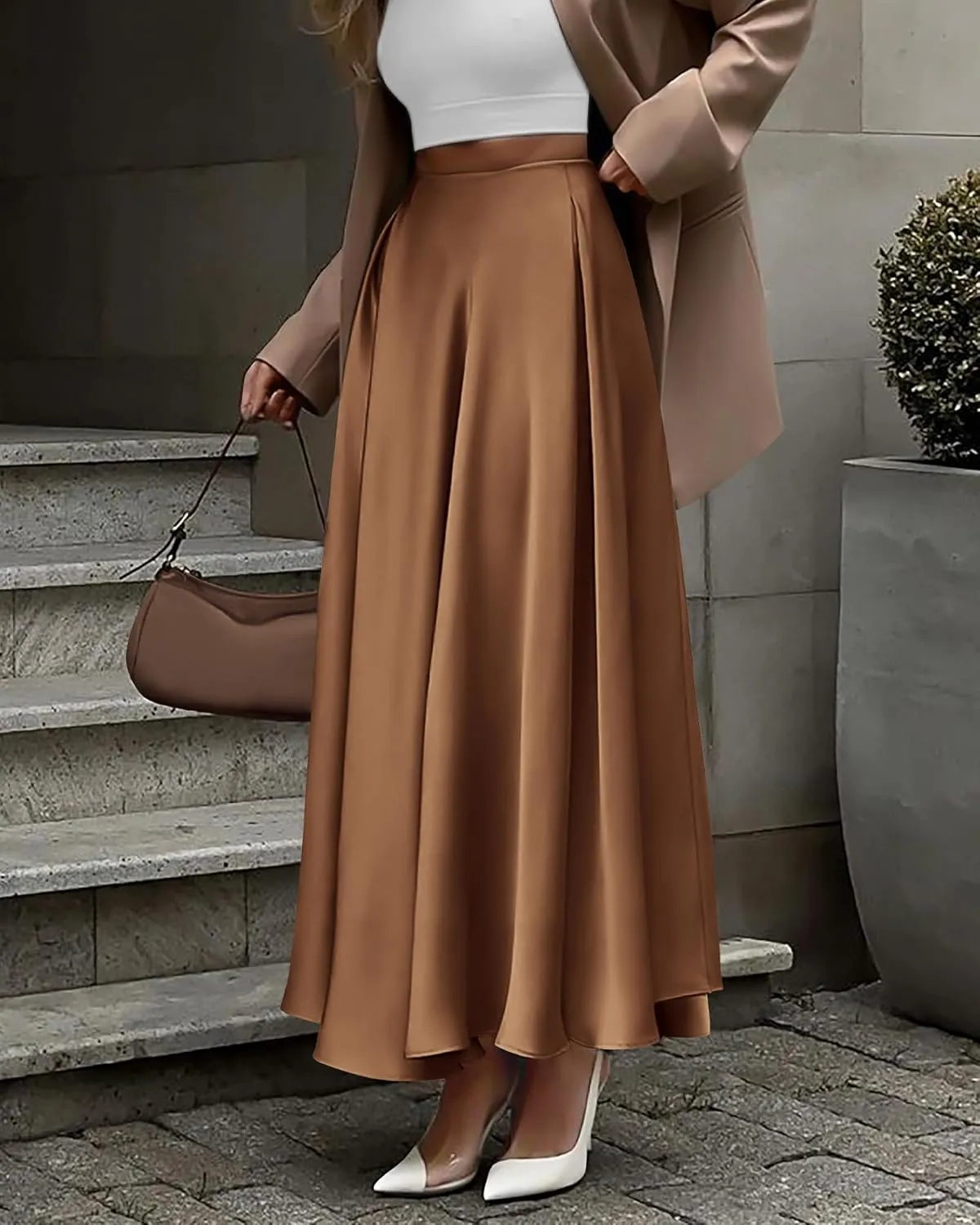 BTFBM Womens High Waist Satin Skirts Summer Spring Outfits 2025 Elegant Flowy A-Line Party Cocktail Long Maxi Skirt