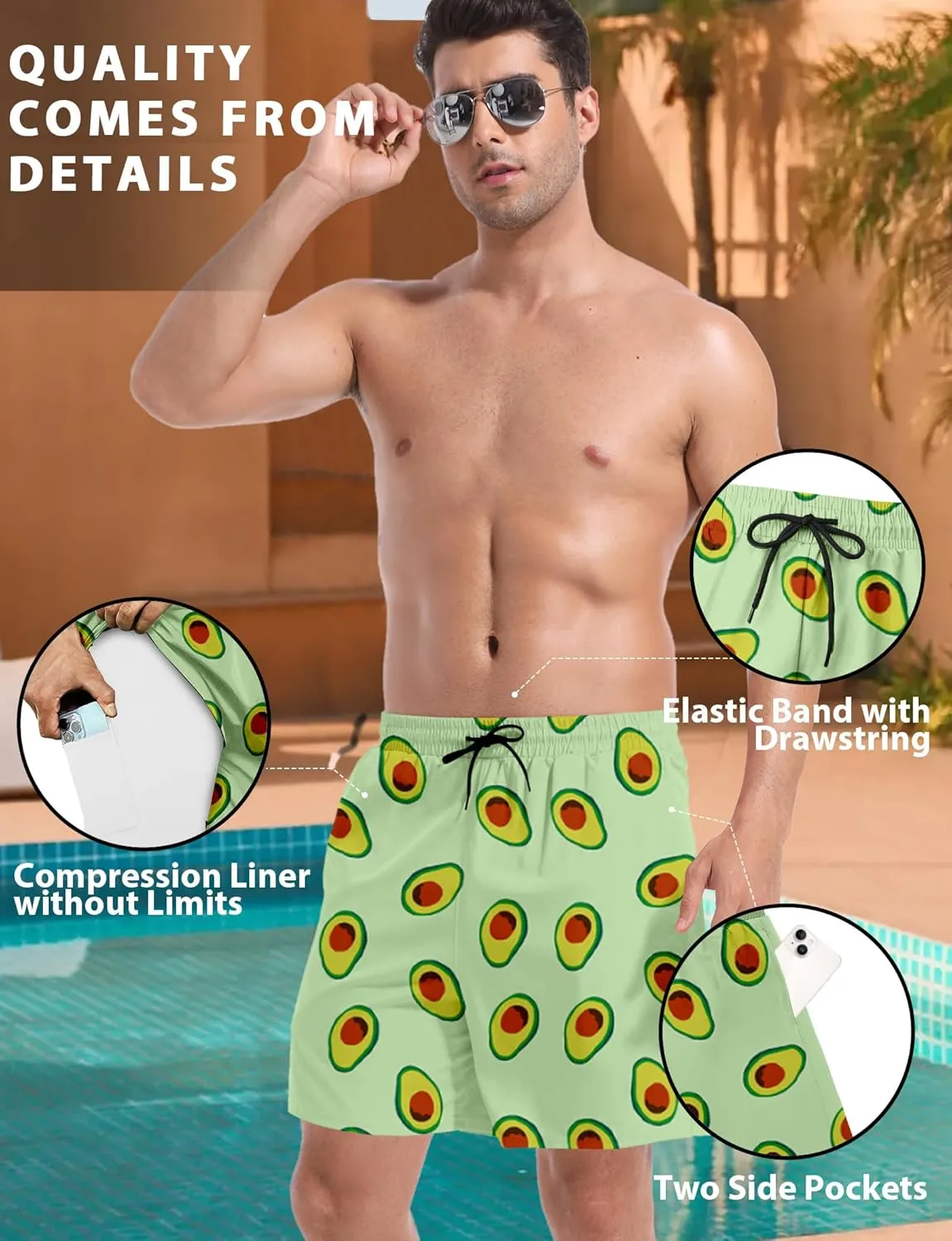 Buauty Mens Swim Trunks with Compression Liner 5 Inch Inseam Swim Shorts Quick Dry Mens Swimsuit Board Shorts with Pockets