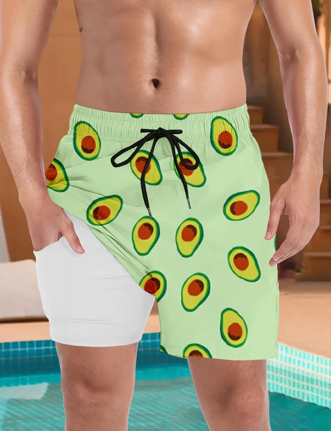 Buauty Mens Swim Trunks with Compression Liner 5 Inch Inseam Swim Shorts Quick Dry Mens Swimsuit Board Shorts with Pockets