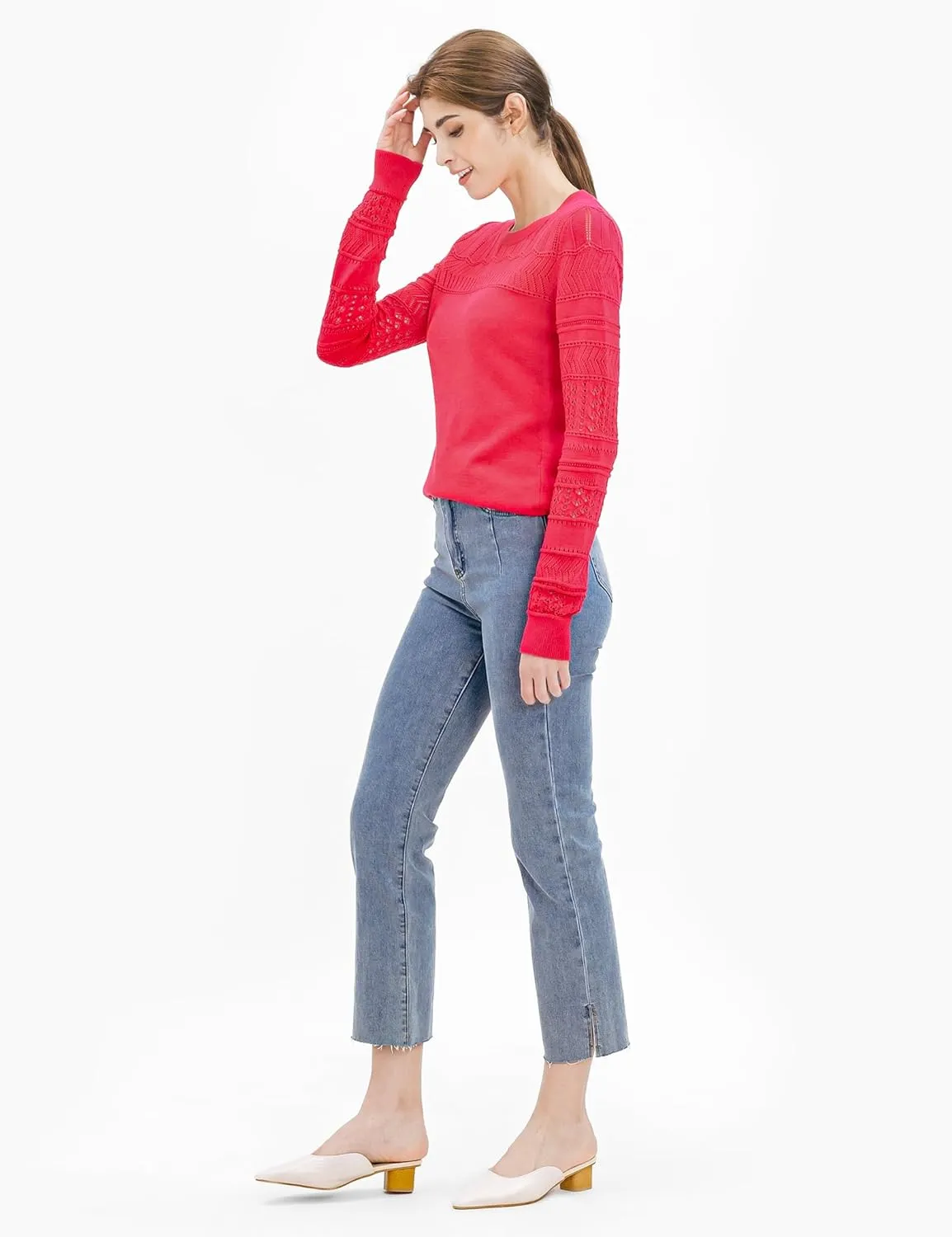 Cable Stitch Women's Pointelle Sleeve Lightweight Sweater - Long Sleeve Crewneck Lace Pullover Top