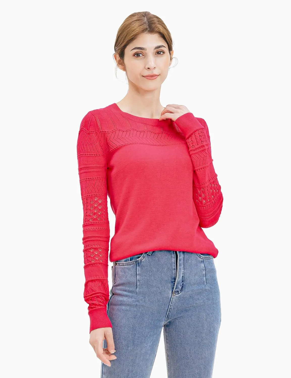 Cable Stitch Women's Pointelle Sleeve Lightweight Sweater - Long Sleeve Crewneck Lace Pullover Top