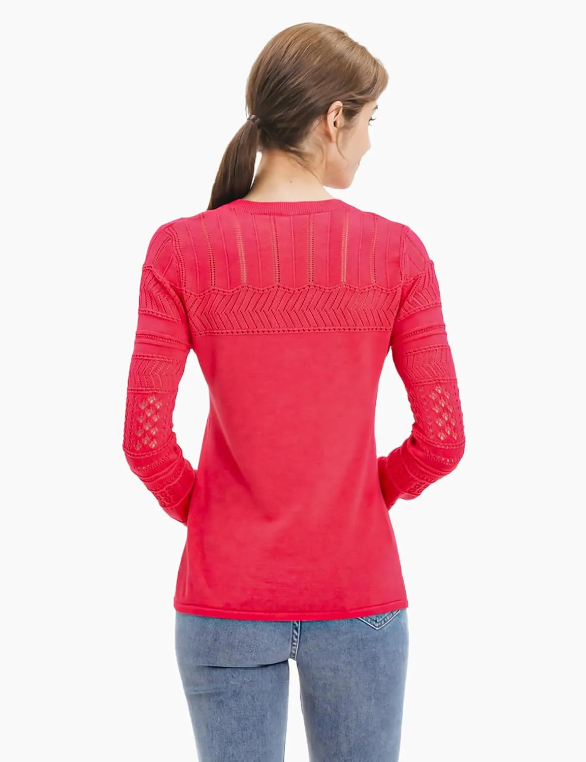 Cable Stitch Women's Pointelle Sleeve Lightweight Sweater - Long Sleeve Crewneck Lace Pullover Top