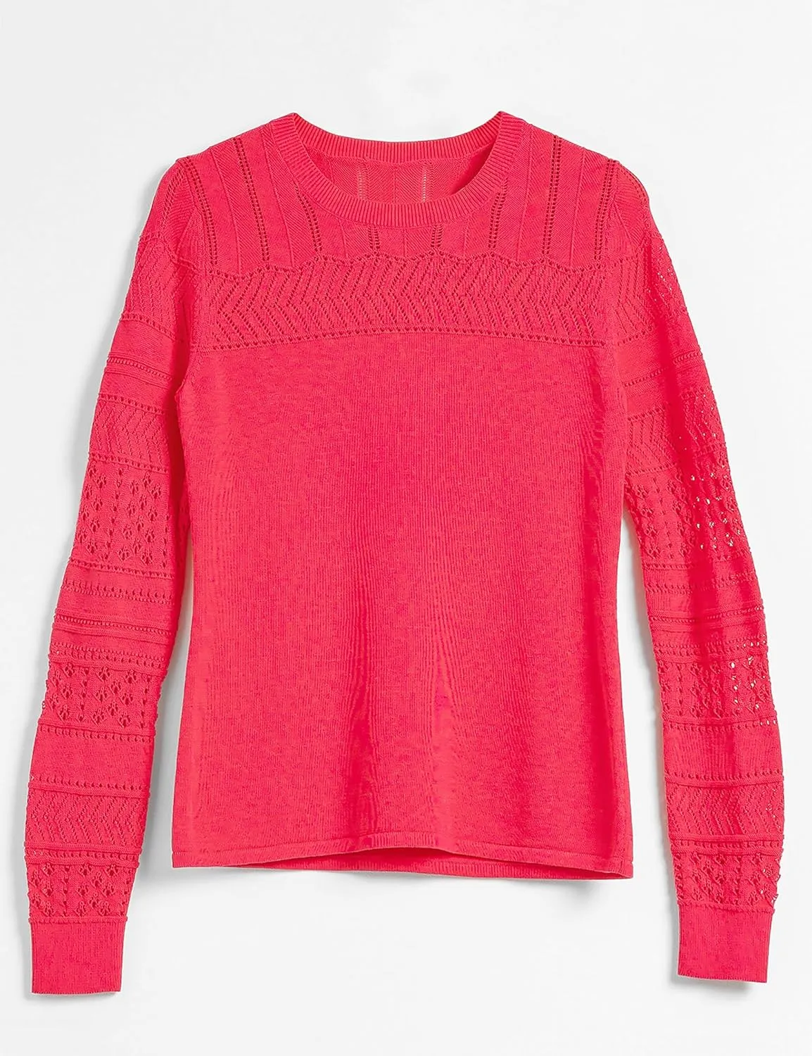 Cable Stitch Women's Pointelle Sleeve Lightweight Sweater - Long Sleeve Crewneck Lace Pullover Top