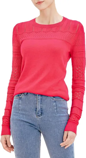 Cable Stitch Women's Pointelle Sleeve Lightweight Sweater - Long Sleeve Crewneck Lace Pullover Top