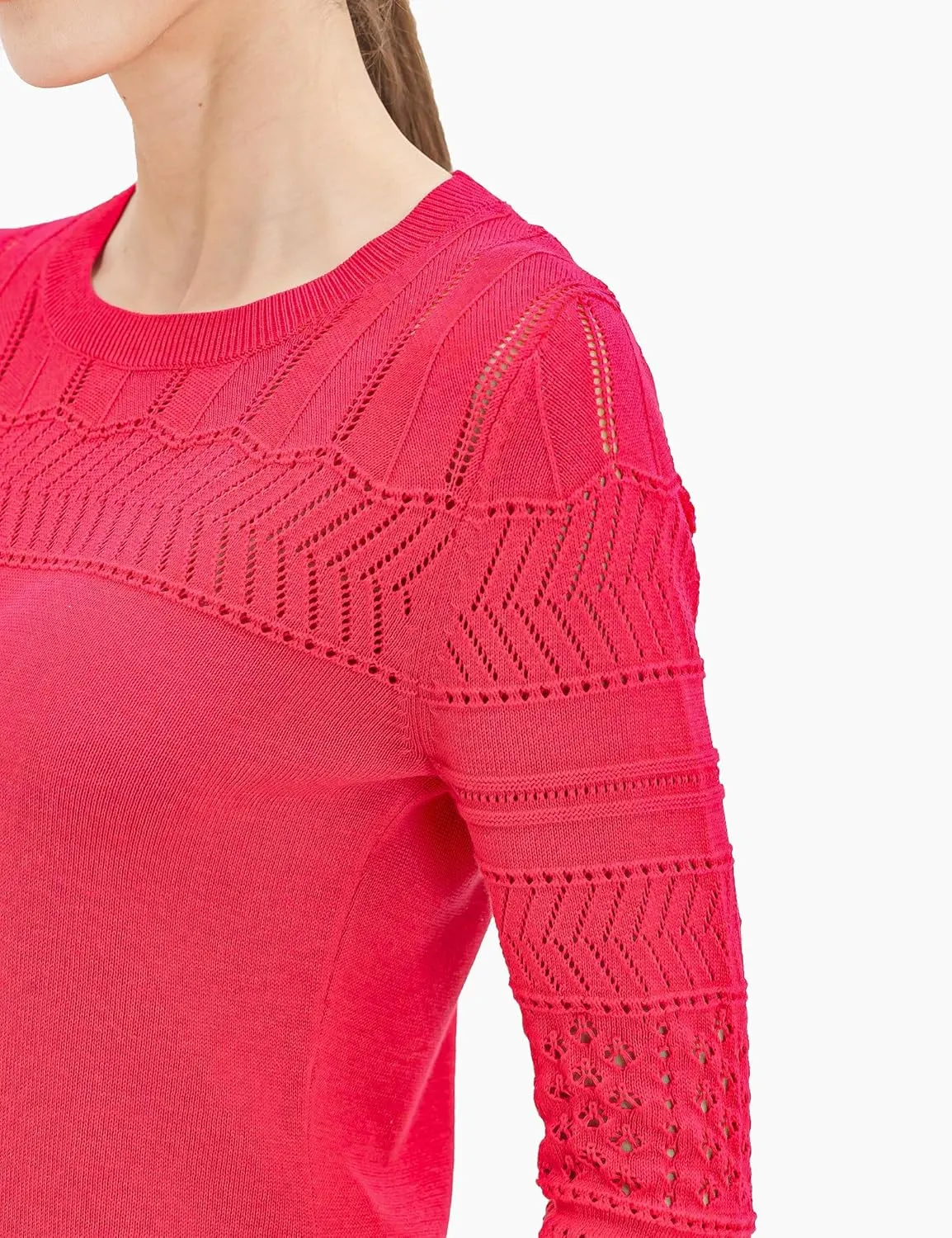 Cable Stitch Women's Pointelle Sleeve Lightweight Sweater - Long Sleeve Crewneck Lace Pullover Top