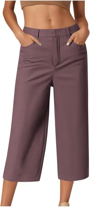 Capri Pants for Women Business Casual Loose Fit Work Cropped Trousers High Waisted Stretchy Capris with Pocket