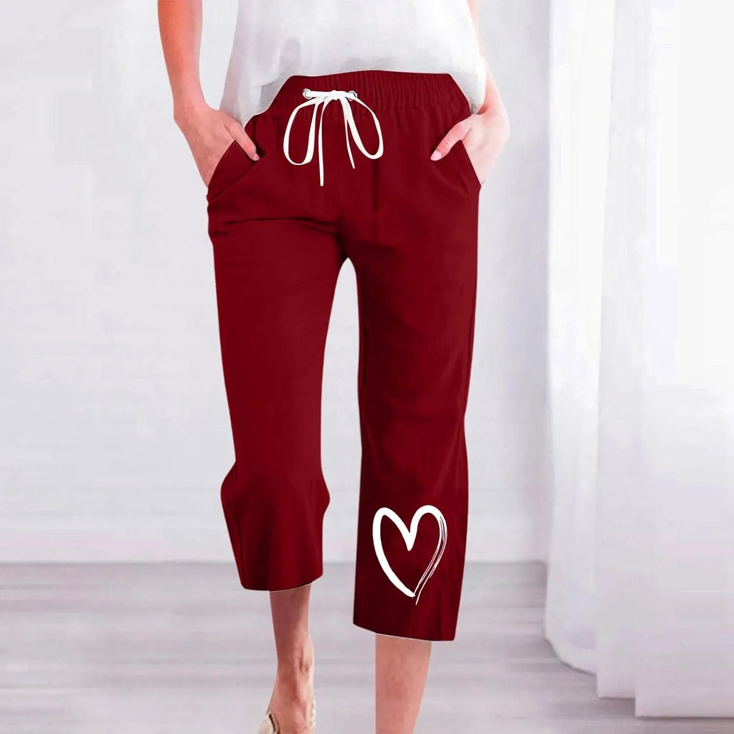 Capri Pants for Women Casual Summer Linen Heart Print Capris Drawstring Elastic Waist Cropped Trouser with Pockets