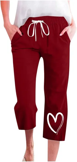 Capri Pants for Women Casual Summer Linen Heart Print Capris Drawstring Elastic Waist Cropped Trouser with Pockets